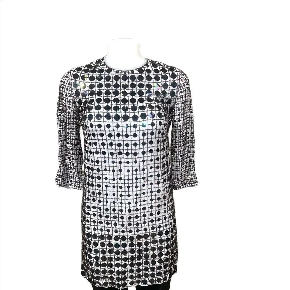 French connection dress sequined sheath three-quarter sleeve Zip back lined